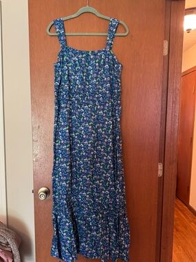 LOFT Blue Floral Sleeveless Dress with Green and Pink Accents